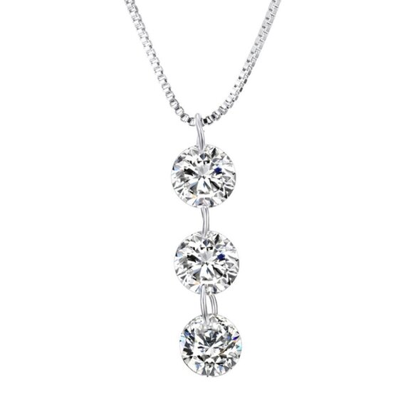 Necklace - Swarovski Crystal  - Triple Stones Drop Pendant, Rhodium Overlay, 18" - Picture 4 of 13